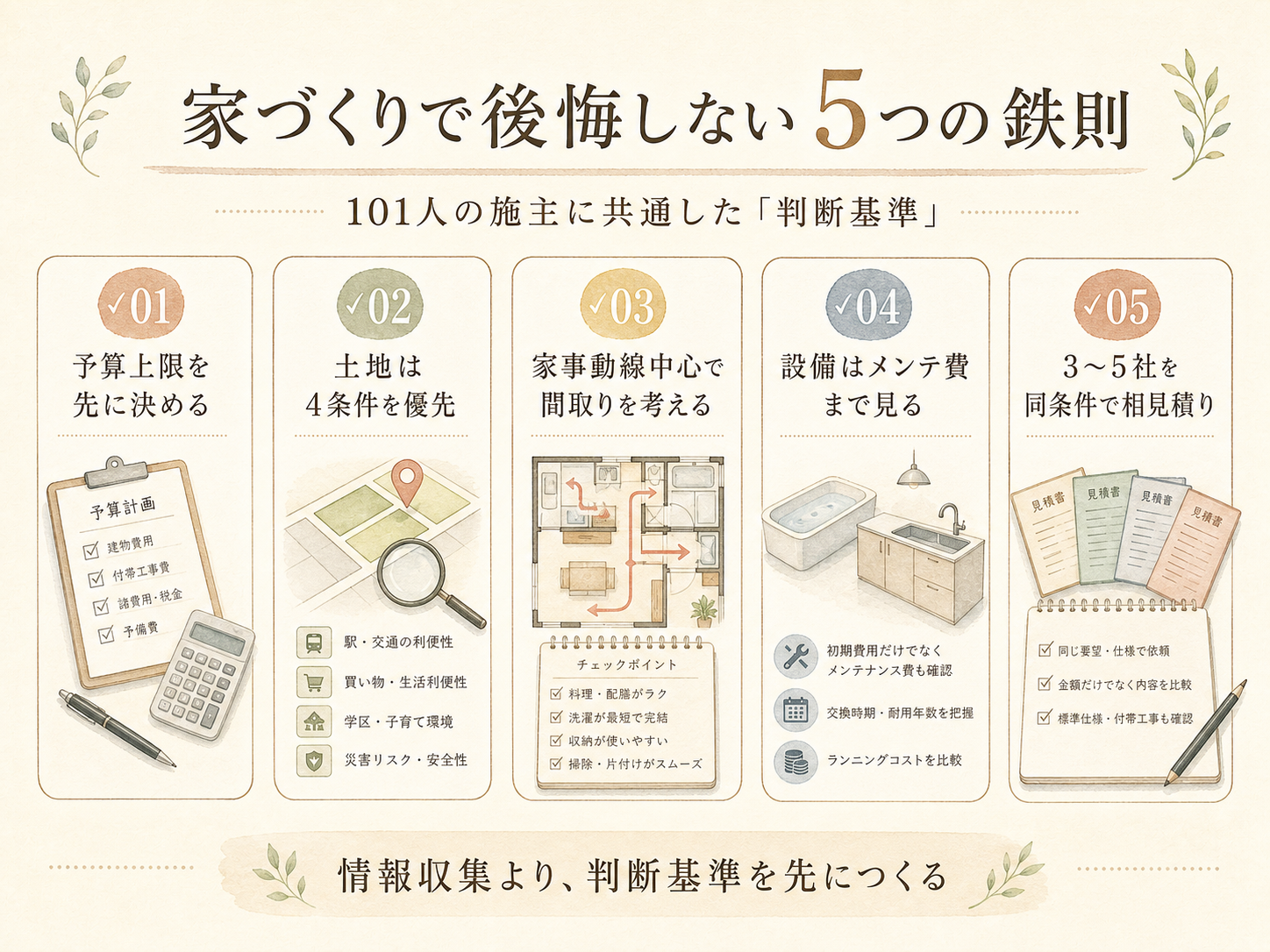 家づくりで後悔しないための5つの鉄則をまとめたチェックリスト図解