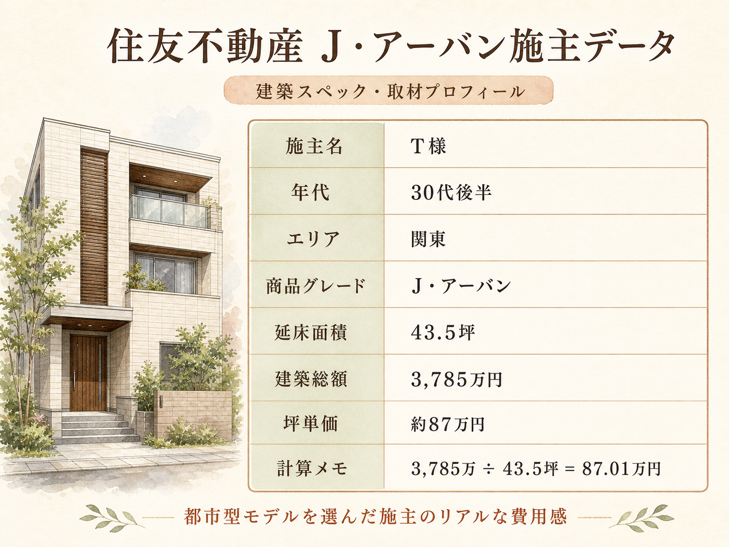 お話を伺ったT様(住友不動産J・アーバン・43.5坪)の建築スペック一覧(メーカー・商品・坪数・坪単価・総額・建築時期)