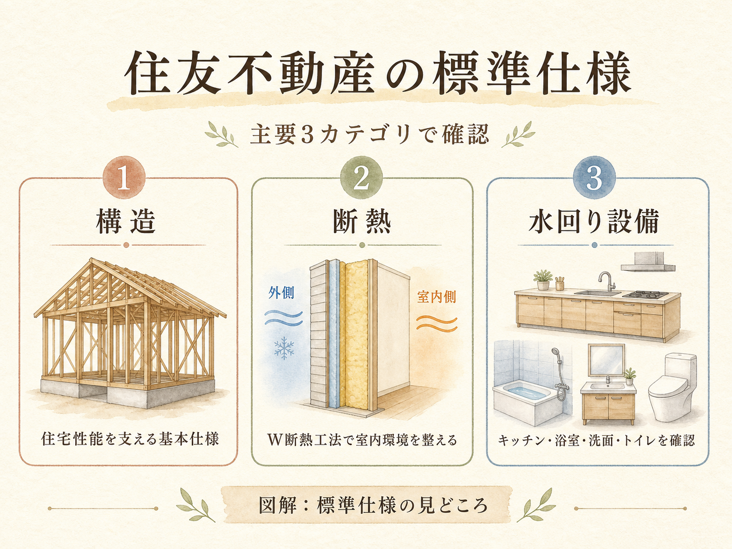 住友不動産の標準仕様の主要3カテゴリ（構造・断熱・水回り設備）の3点カード図解