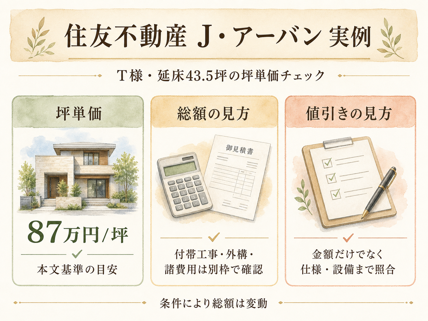 T様(住友不動産・43.5坪)の総額4000万円の内訳（本体工事・付帯工事・外構・家具家電・諸費用の積み上げ棒グラフ）