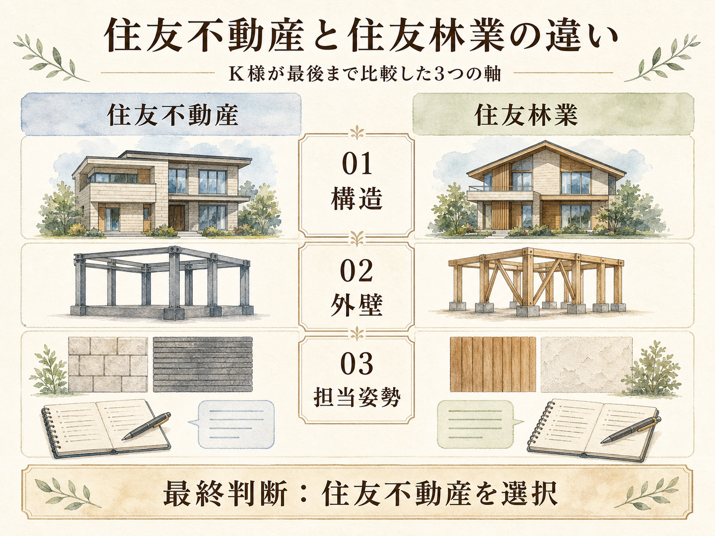 住友不動産と比較検討したメーカーの違い3点（構造・外壁・担当姿勢）のマトリクス図解