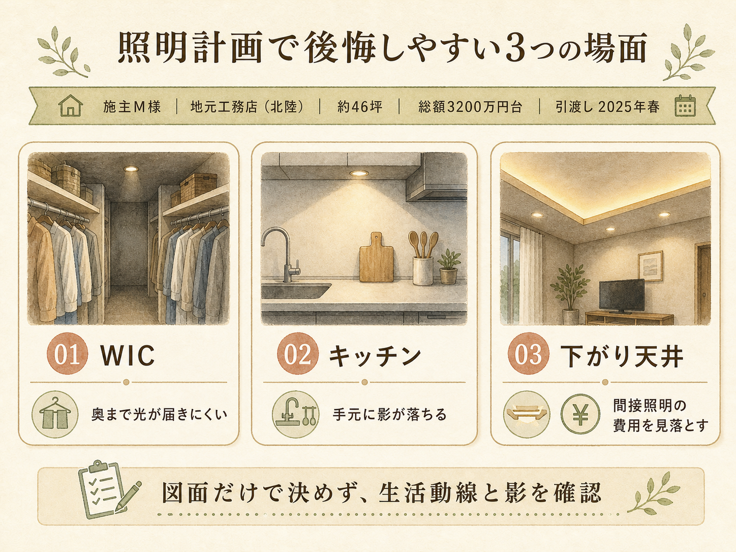 M様(ハウスメーカー・46坪)の建築スペック（メーカー・商品・坪数・坪単価・総額・建築時期のカード表示）