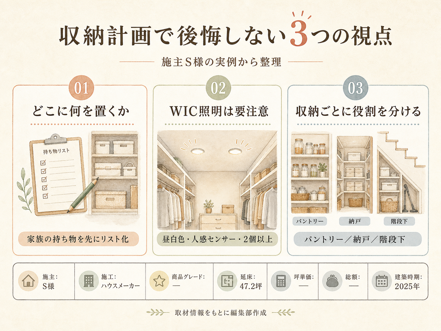 お話を伺ったS様(地元ビルダー・47.2坪)の建築スペック(メーカー・商品・坪数・坪単価・総額・建築時期のカード表示)