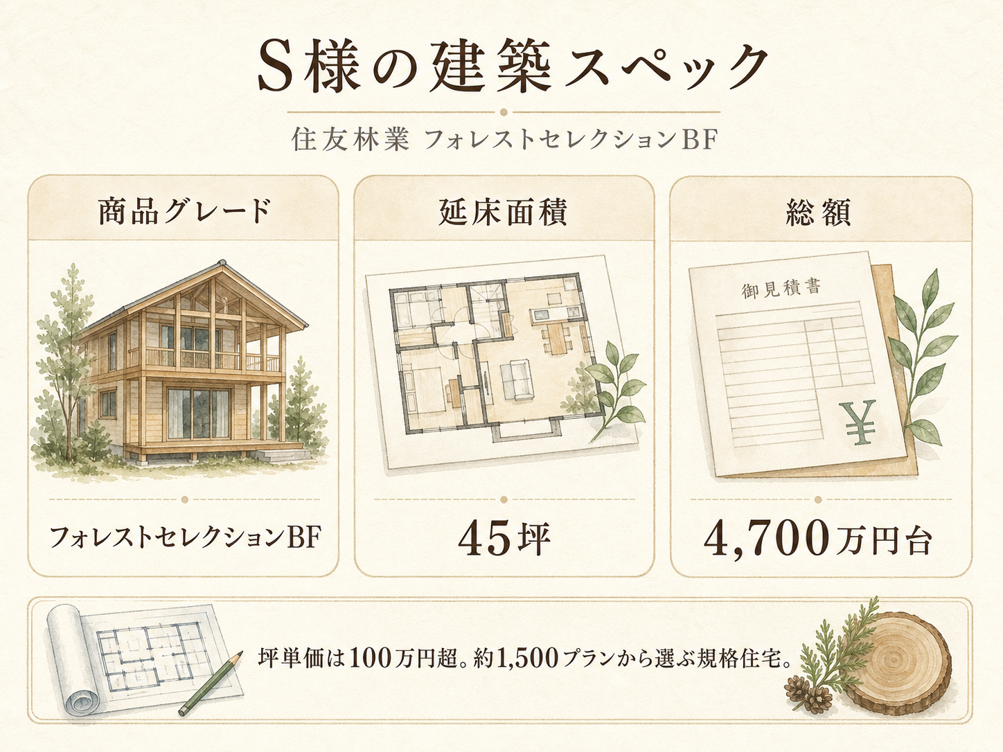 S様(住友林業マイフォレスト・45坪)の建築スペック（メーカー・商品・坪数・坪単価・総額・建築時期のカード表示）