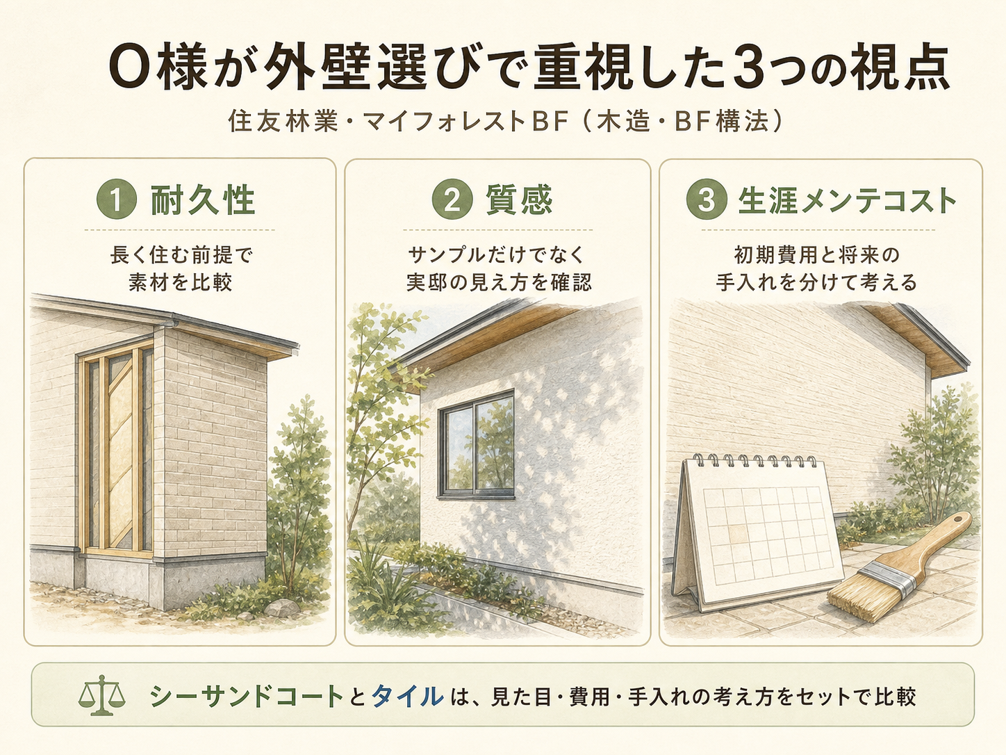 O様が外壁選びで重視した3つの視点（耐久性・質感・生涯メンテコスト）の図解