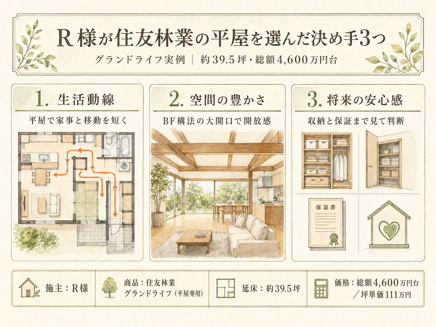 R様が住友林業の平屋を選んだ決め手3つ（生活動線・空間の豊かさ・将来の安心感）の図解