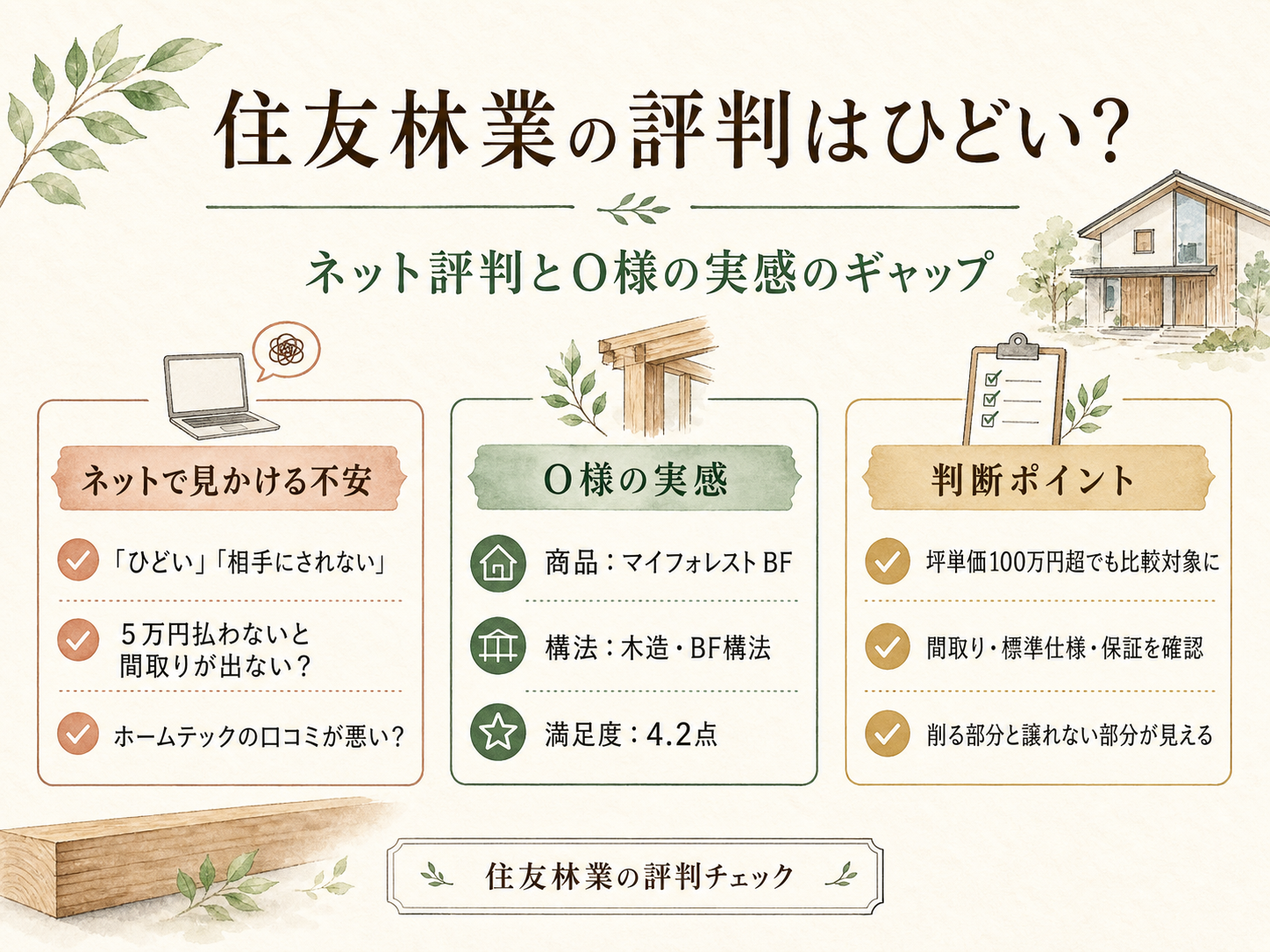 「住友林業 やばい」ネット評判とお話を伺ったO様の実感のギャップを比較した図解