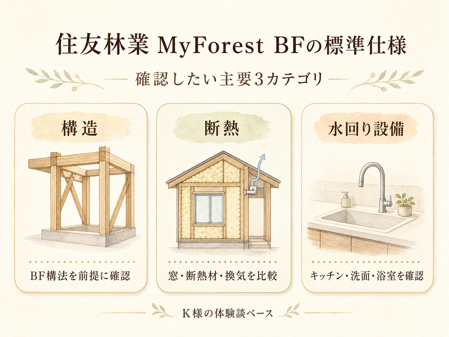 住友林業MyForest BFの標準仕様の主要3カテゴリ（構造・断熱・水回り設備）の3点カード図解