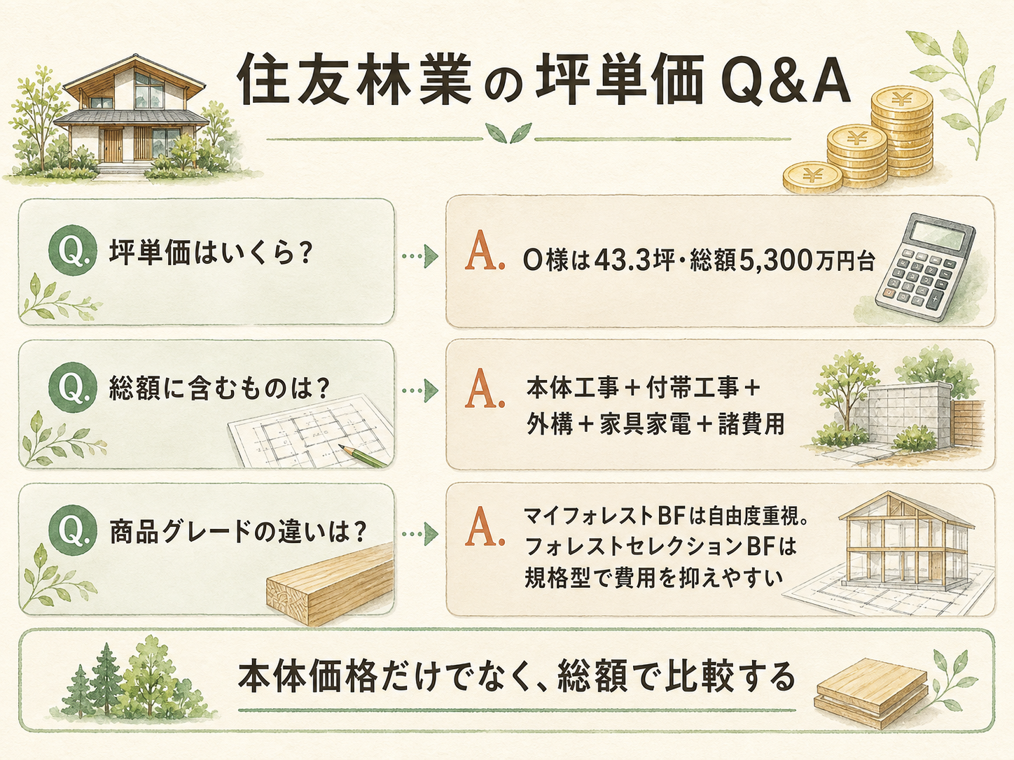 住友林業に関する読者の疑問と、お話を伺ったO様の回答（Q&A図解）