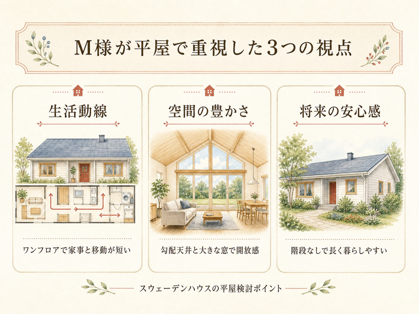 M様がスウェーデンハウスの平屋を選んだ決め手3つ（生活動線・空間の豊かさ・将来の安心感）の図解