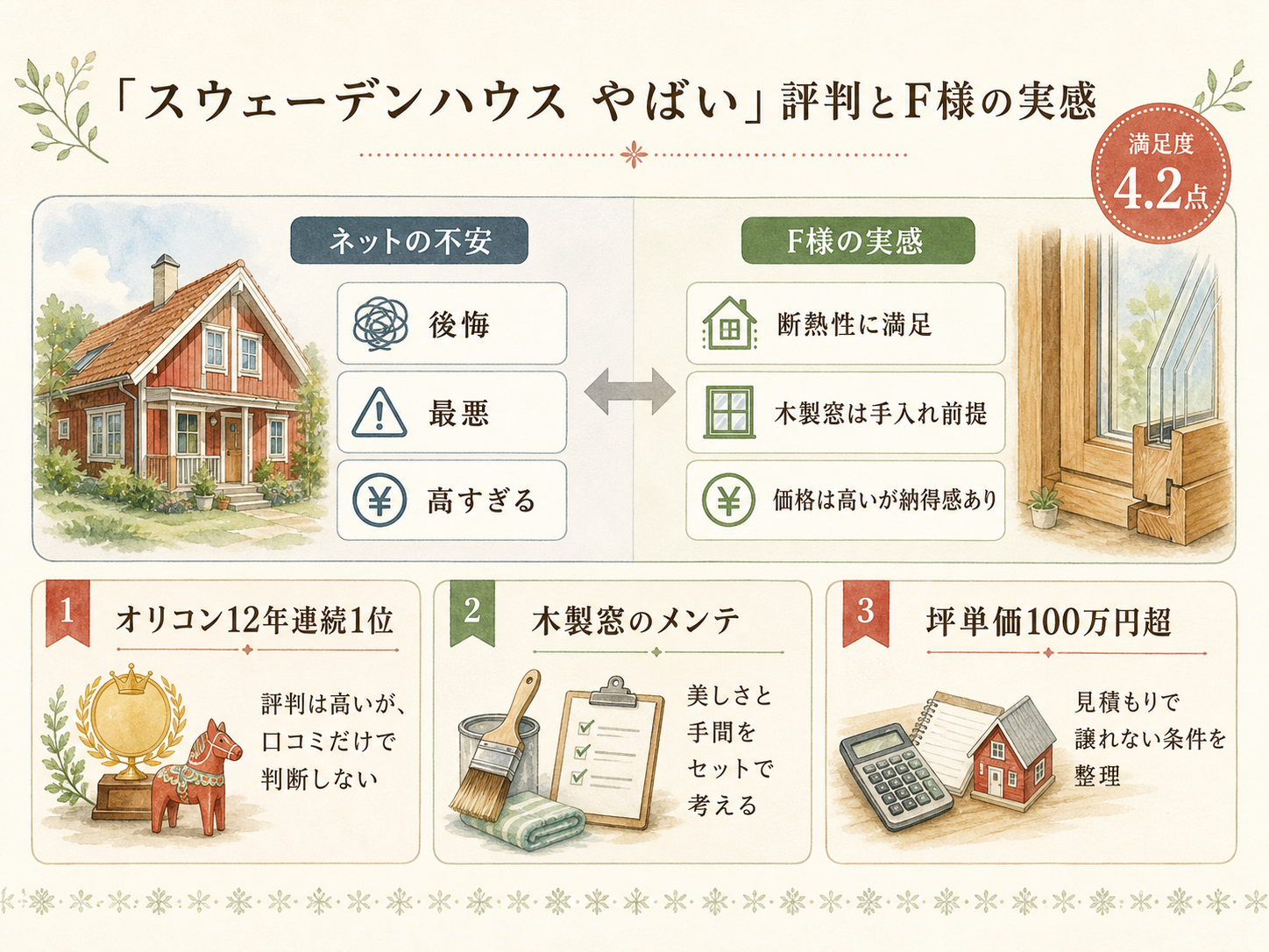 「スウェーデンハウス やばい」ネット評判とF様の実感のギャップを比較した図解（満足度4.2点）