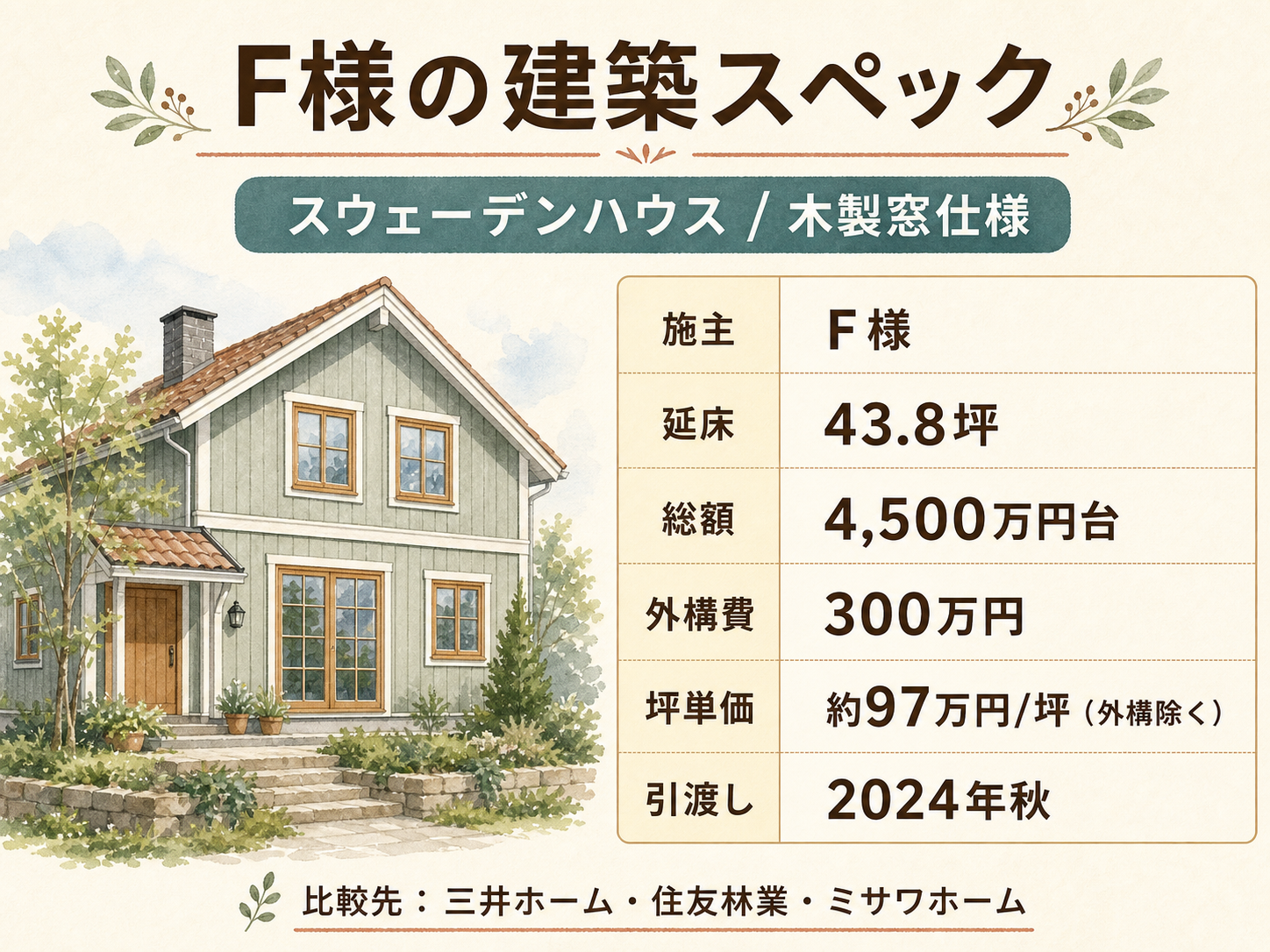 F様(スウェーデンハウス・43.8坪)の建築スペック一覧（メーカー・商品・坪数・坪単価・総額・建築時期）