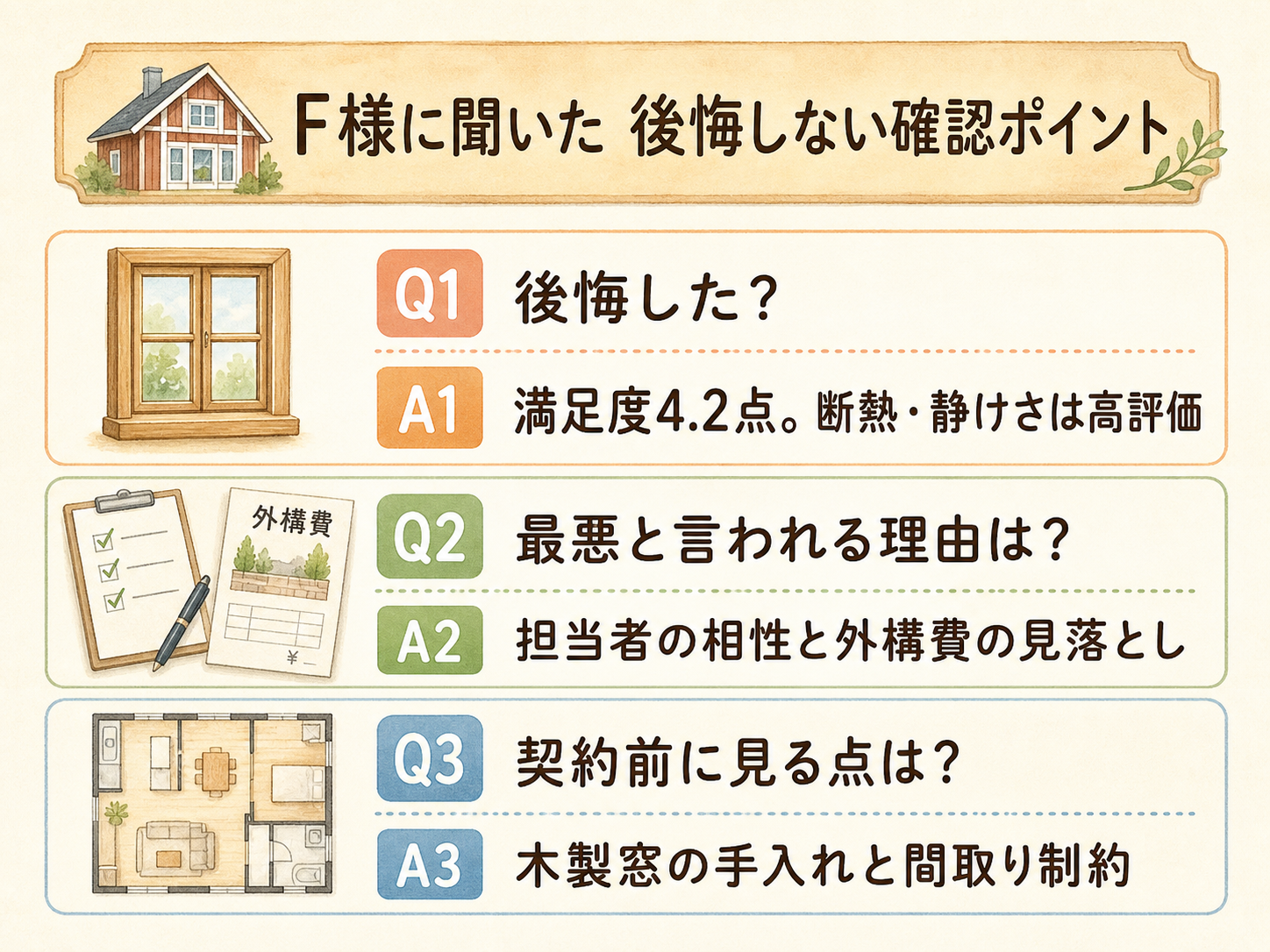 スウェーデンハウスに関する読者の疑問と、F様の取材時の回答（Q&A図解）