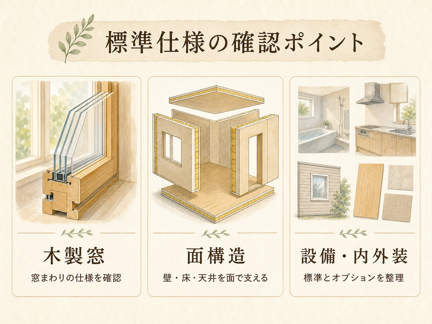 スウェーデンハウスの標準仕様の主要3カテゴリ（構造・断熱・水回り設備）の3点カード図解