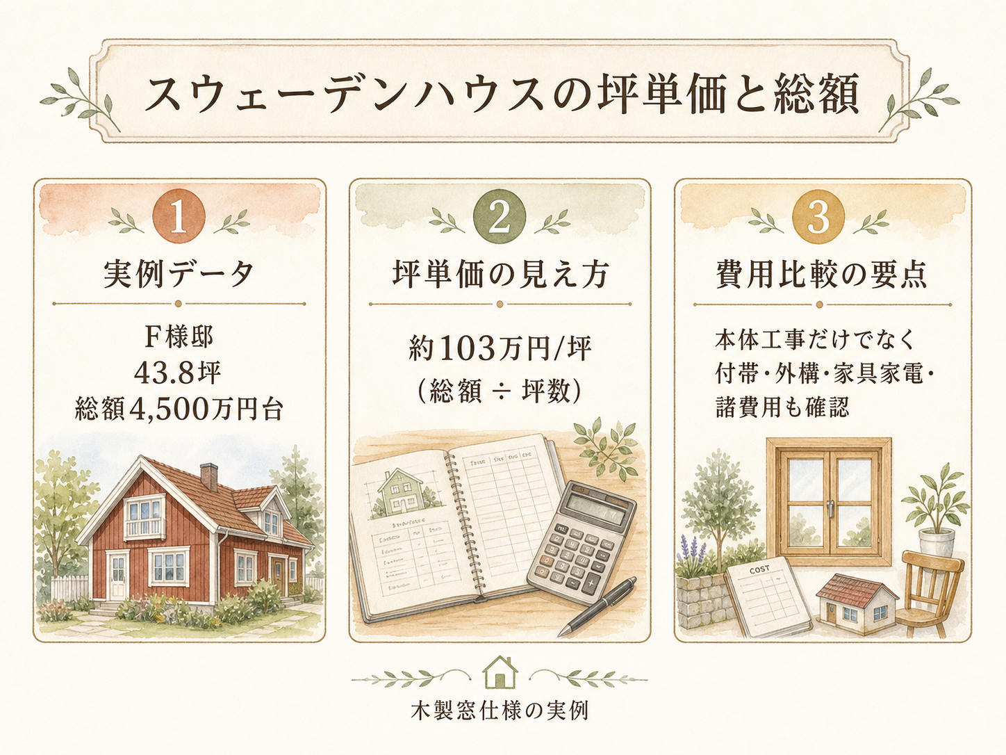 F様(スウェーデンハウス・43.8坪)の総額4500万円の内訳（本体工事・付帯工事・外構・家具家電・諸費用の積み上げ棒グラフ）