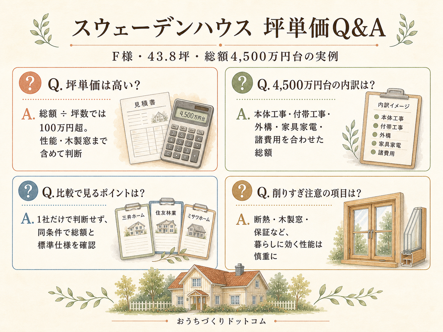 スウェーデンハウスに関する読者の疑問と、F様の取材時の回答（Q&A図解）
