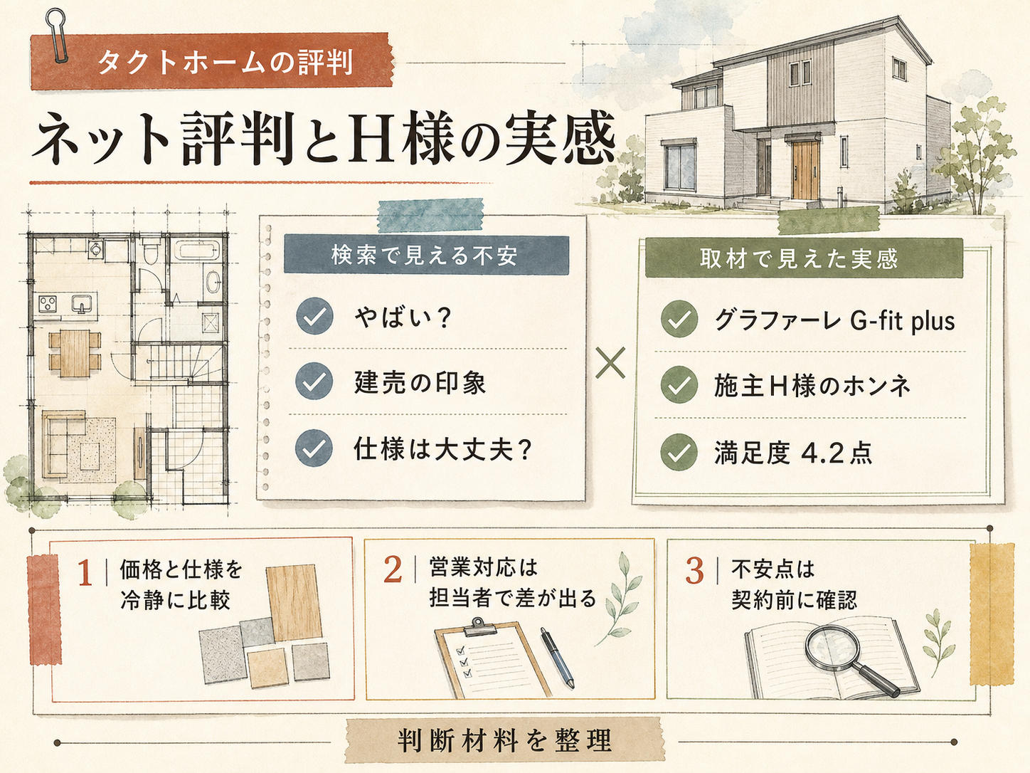 「タクトホーム やばい」ネット評判とH様の実感のギャップを比較した図解（満足度4.2点）
