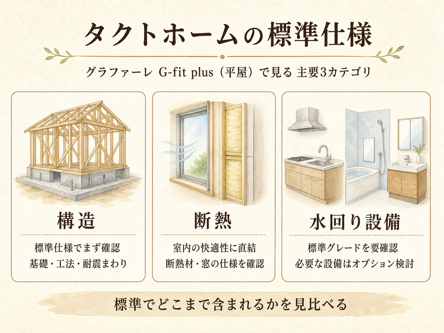 タクトホームの標準仕様の主要3カテゴリ（構造・断熱・水回り設備）の3点カード図解