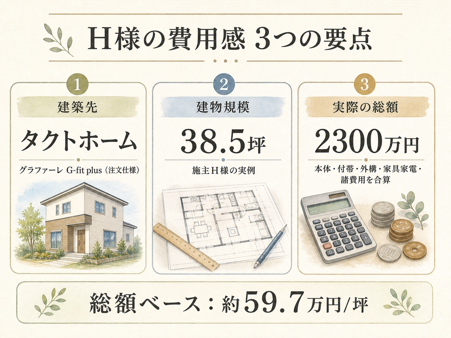 H様(タクトホーム・38.5坪)の総額2300万円の内訳（本体工事・付帯工事・外構・家具家電・諸費用の積み上げ棒グラフ）
