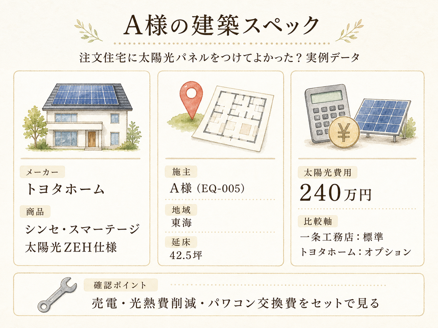 A様(ハウスメーカーi-smart・42.5坪)の建築スペック（メーカー・商品・坪数・坪単価・総額・建築時期のカード表示）