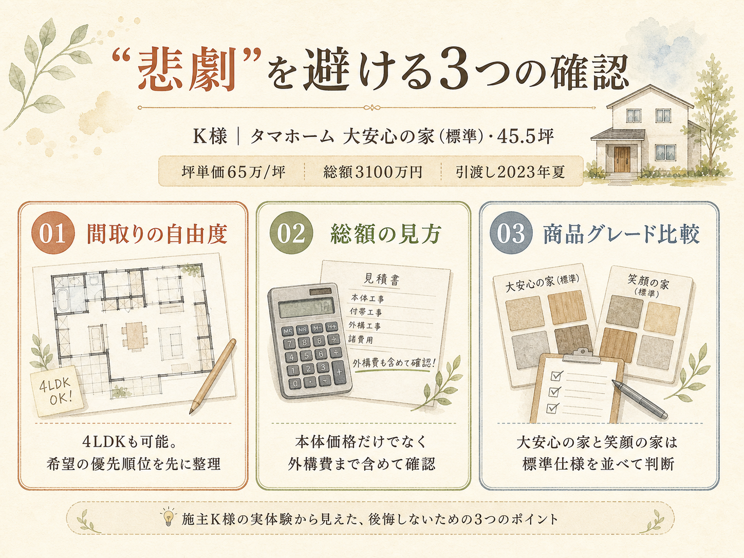 お話を伺ったK様(タマホーム大安心の家・45.5坪)の建築スペック（メーカー・商品・坪数・坪単価・総額・建築時期のカード表示）