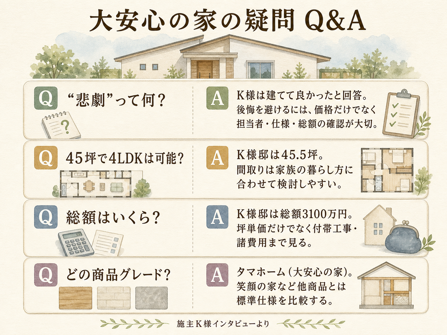 タマホームに関する読者の疑問と、お話を伺ったK様の回答（Q&A図解）