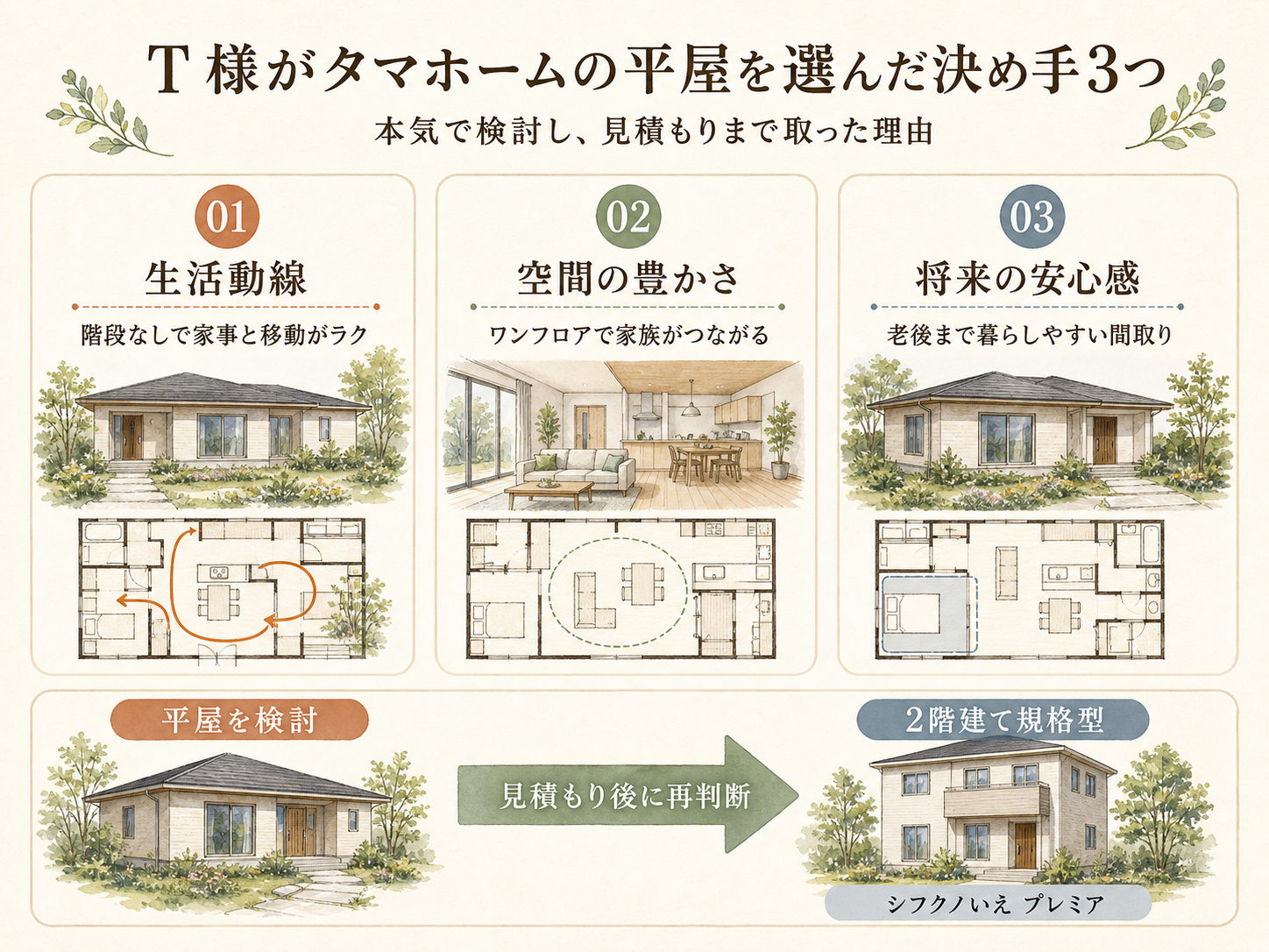 T様がタマホームの平屋を選んだ決め手3つ（生活動線・空間の豊かさ・将来の安心感）の図解