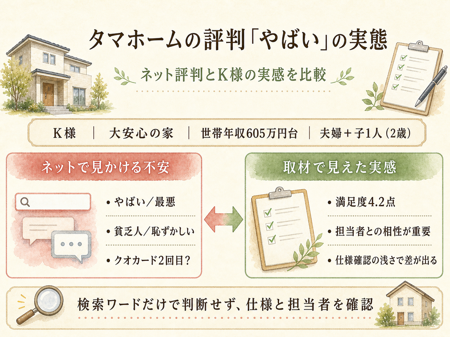 「タマホーム やばい」というネット評判と、お話を伺ったK様の実感のギャップを比較した図解