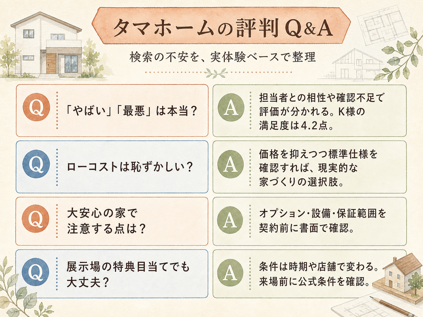 タマホームに関する読者の疑問と、お話を伺ったK様の回答（Q&A図解）