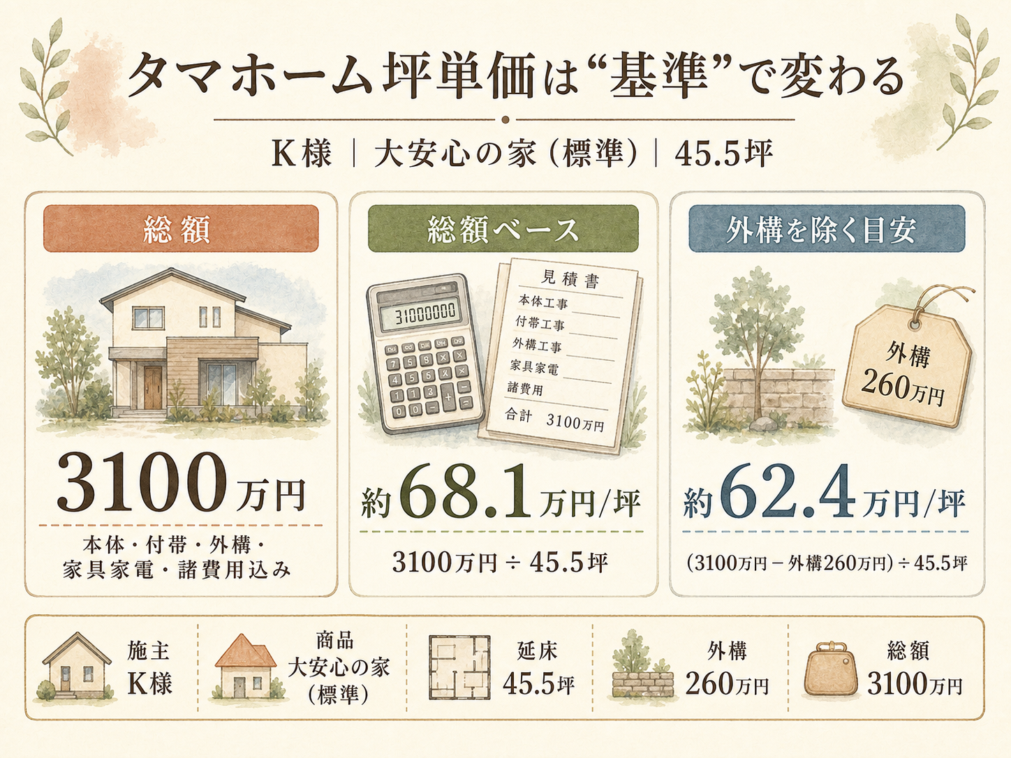 K様(タマホーム大安心の家・45.5坪)の総額3100万円の内訳（本体工事・付帯工事・外構・家具家電・諸費用の積み上げ棒グラフ）