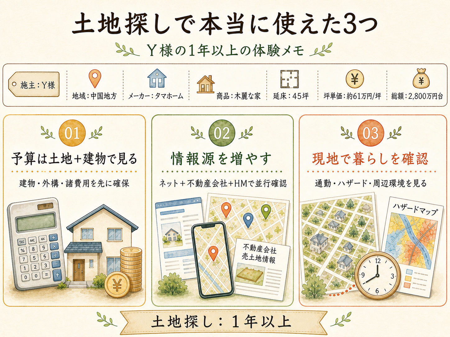 Y様(ハウスメーカー木麗な家・45坪)の建築スペック（メーカー・商品・坪数・坪単価・総額・建築時期のカード表示）