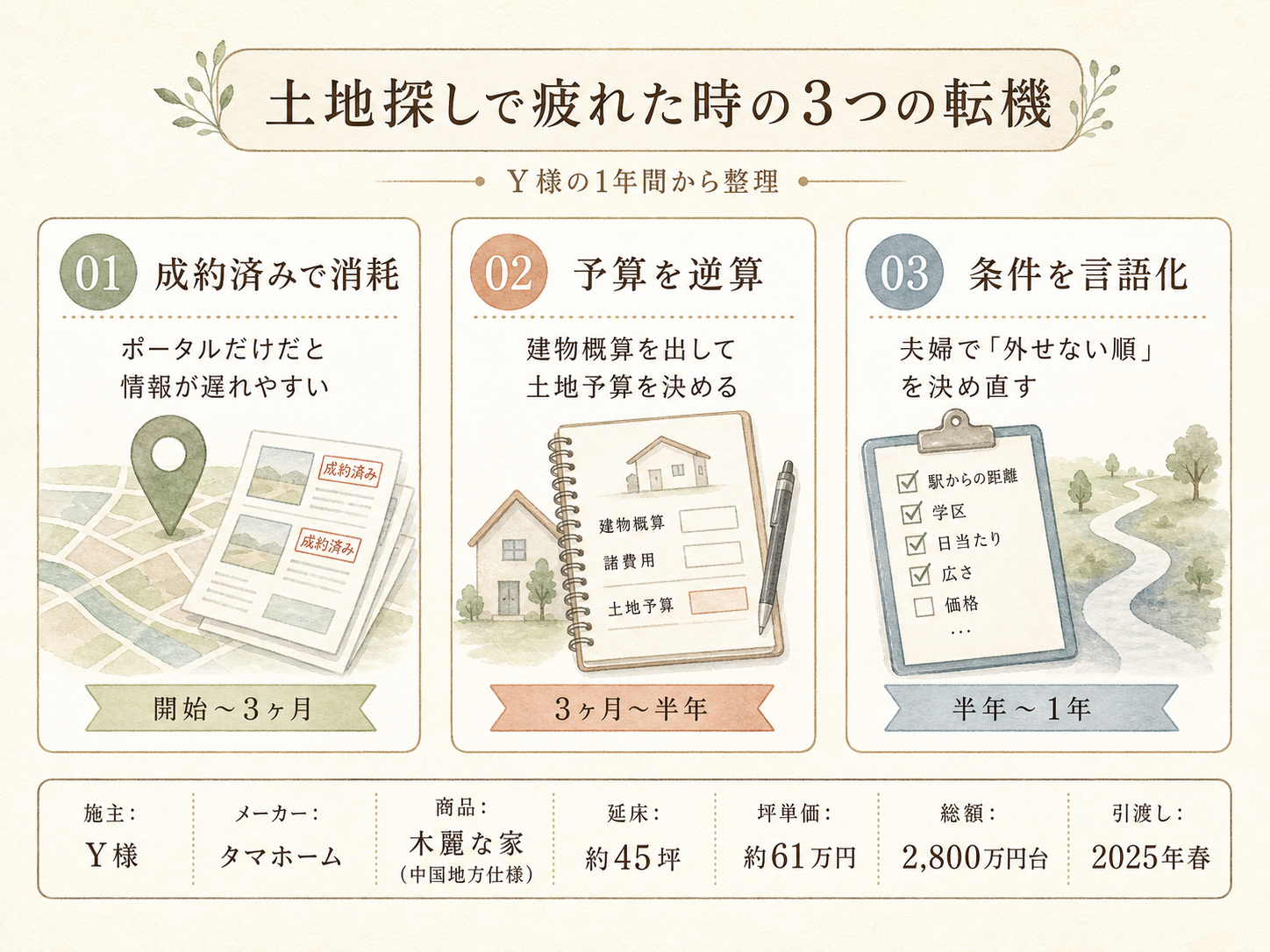 Y様(ハウスメーカー木麗な家・45坪)の建築スペック（メーカー・商品・坪数・坪単価・総額・建築時期のカード表示）