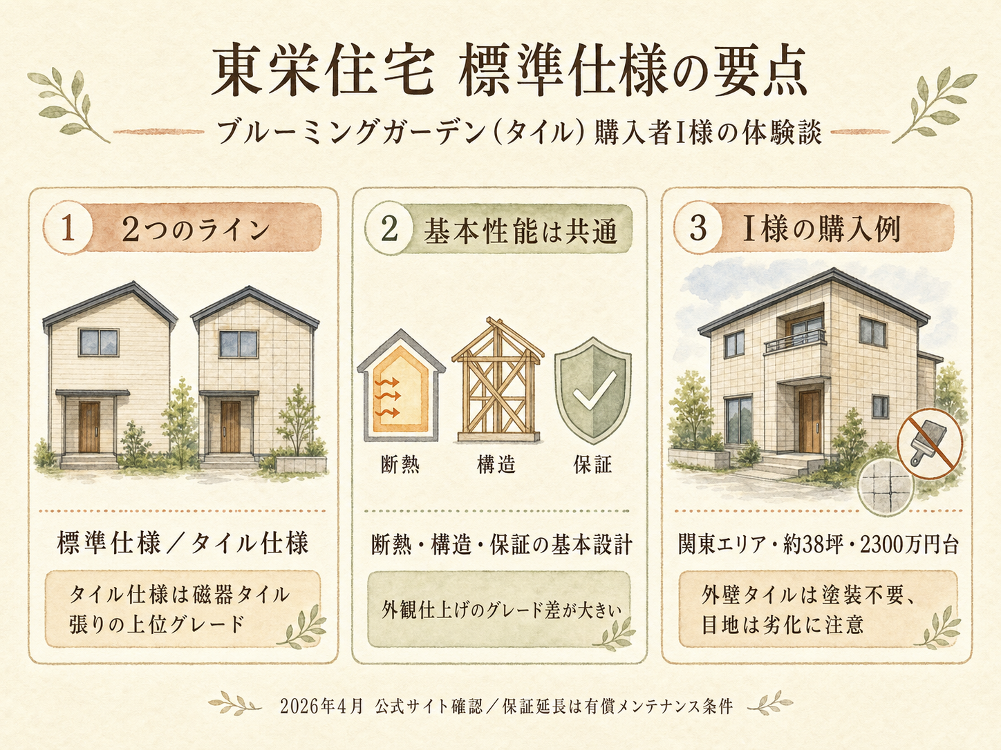 東栄住宅の標準仕様の主要3カテゴリ（構造・断熱・水回り設備）の3点カード図解