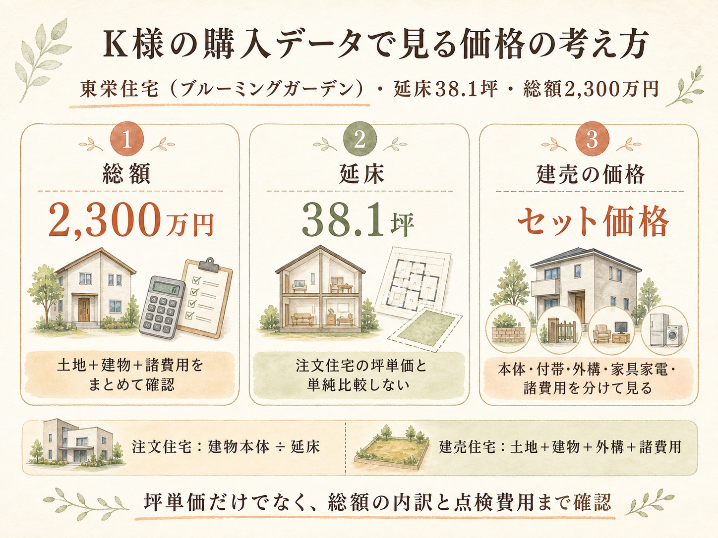 K様(東栄住宅・38.1坪)の総額2300万円の内訳（本体工事・付帯工事・外構・家具家電・諸費用の積み上げ棒グラフ）