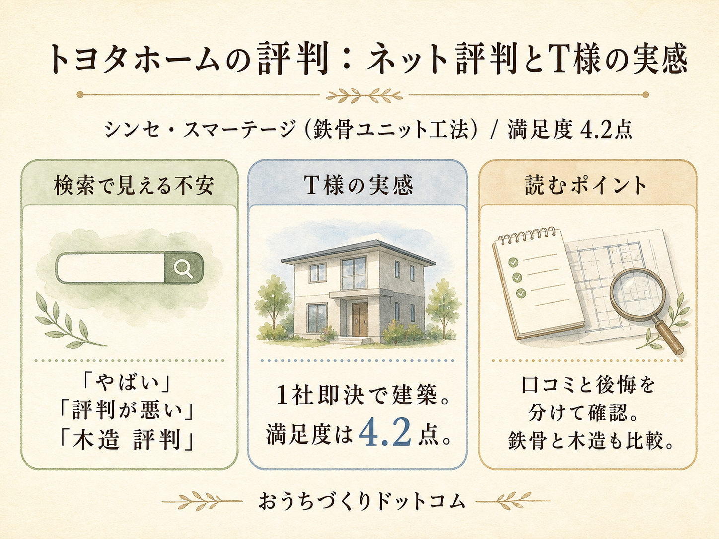 「トヨタホーム やばい」ネット評判とT様の実感のギャップを比較した図解（満足度4.2点）