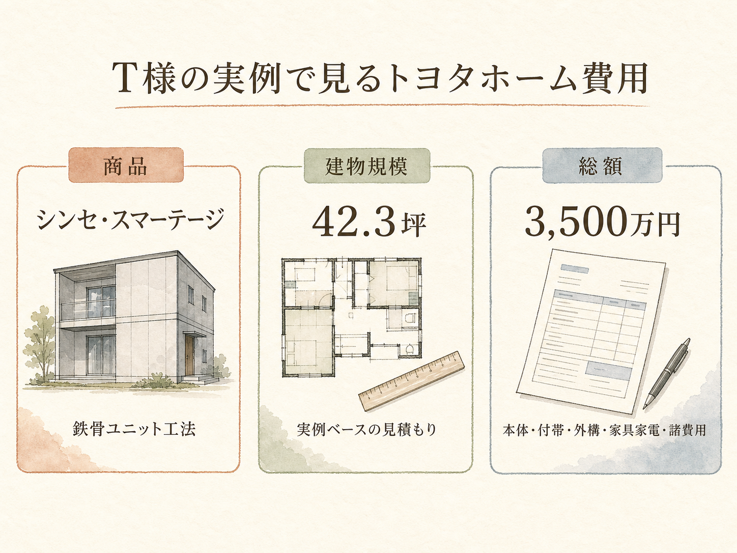 T様(トヨタホーム・42.3坪)の総額3500万円の内訳（本体工事・付帯工事・外構・家具家電・諸費用の積み上げ棒グラフ）