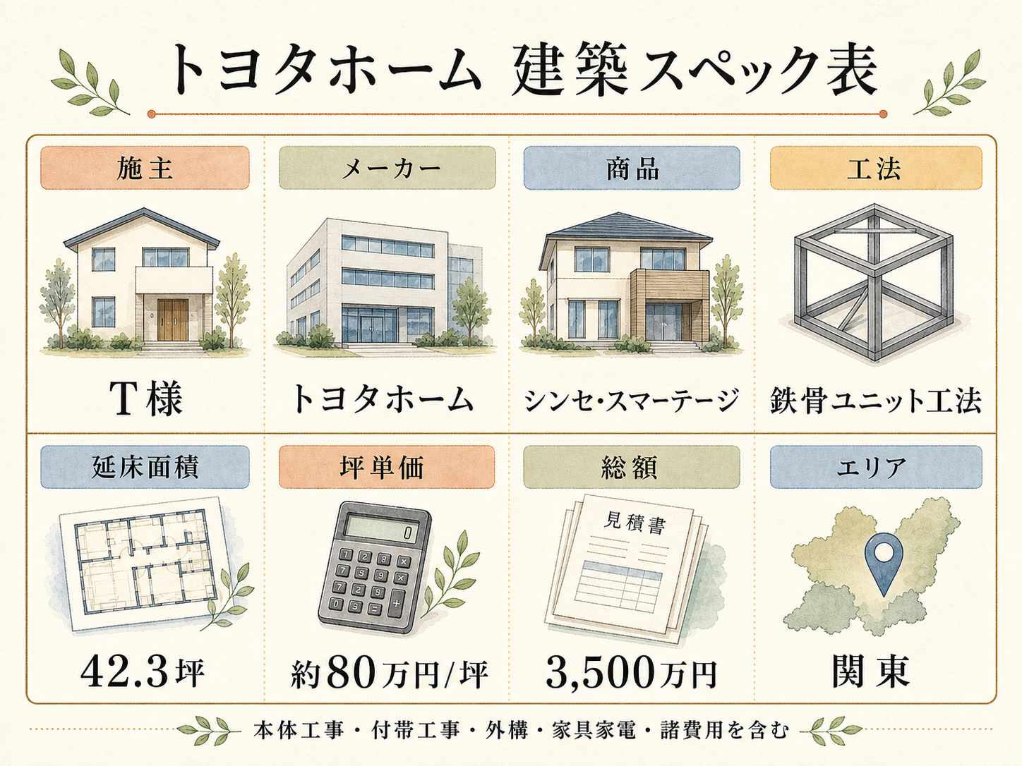T様(トヨタホーム・42.3坪)の建築スペック一覧（メーカー・商品・坪数・坪単価・総額・建築時期）