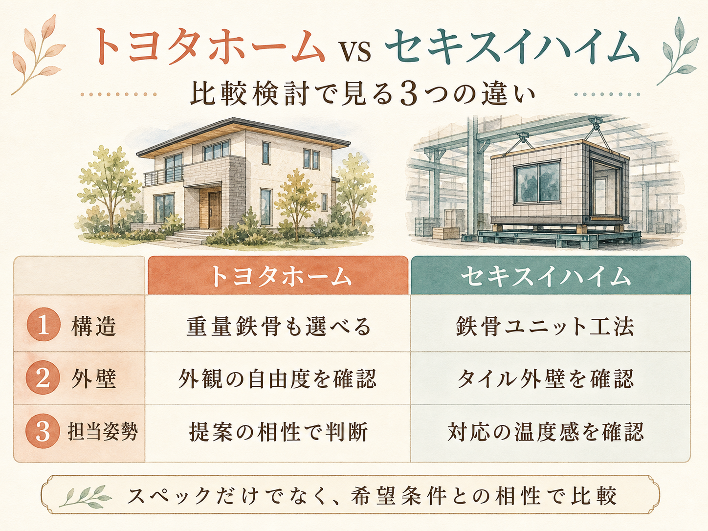 トヨタホームと比較検討したメーカーの違い3点（構造・外壁・担当姿勢）のマトリクス図解