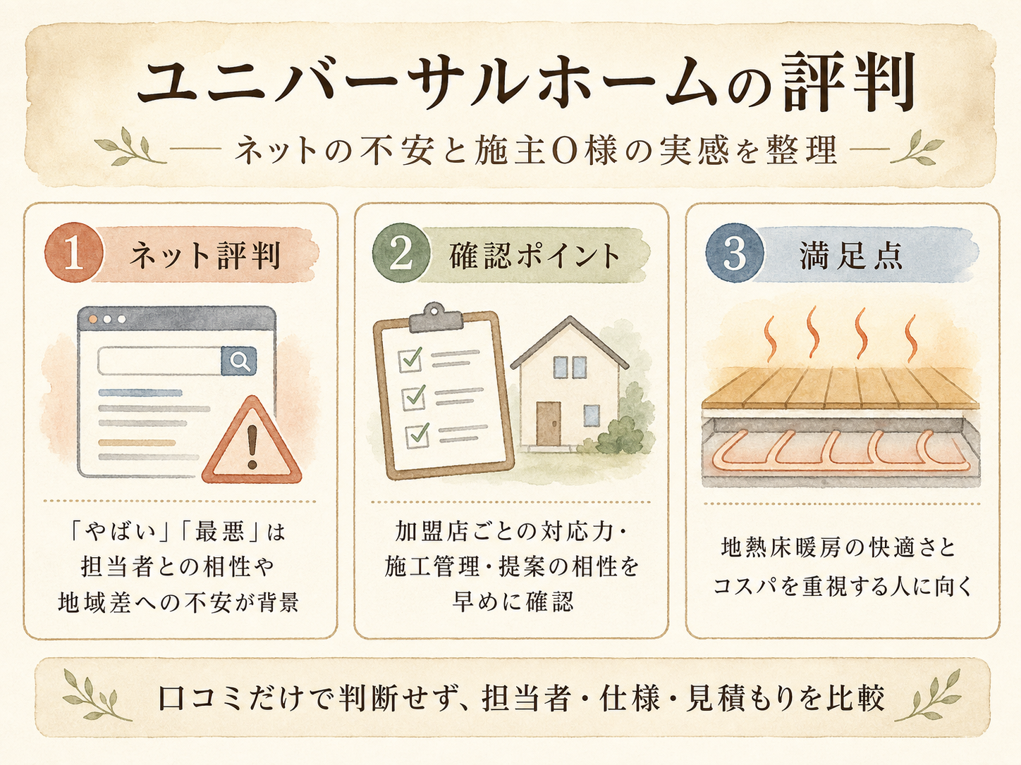 「ユニバーサルホーム やばい」ネット評判とO様の実感のギャップを比較した図解（満足度4.2点）