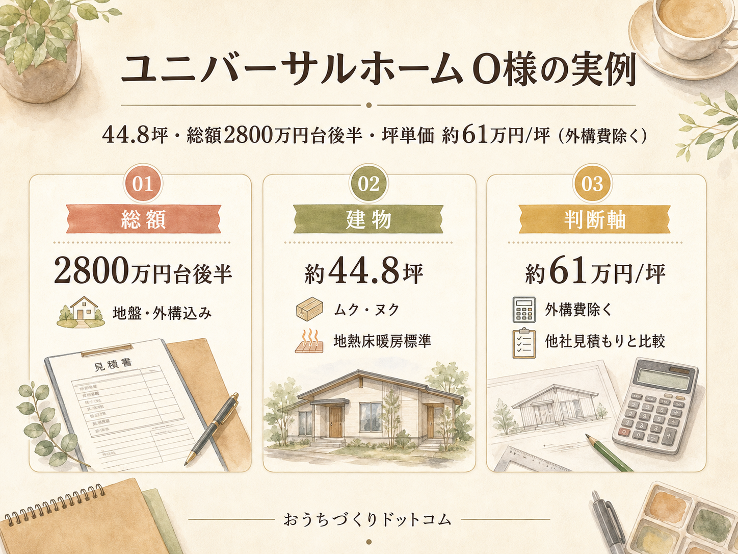 O様(ユニバーサルホーム・44.8坪)の総額2800万円の内訳（本体工事・付帯工事・外構・家具家電・諸費用の積み上げ棒グラフ）
