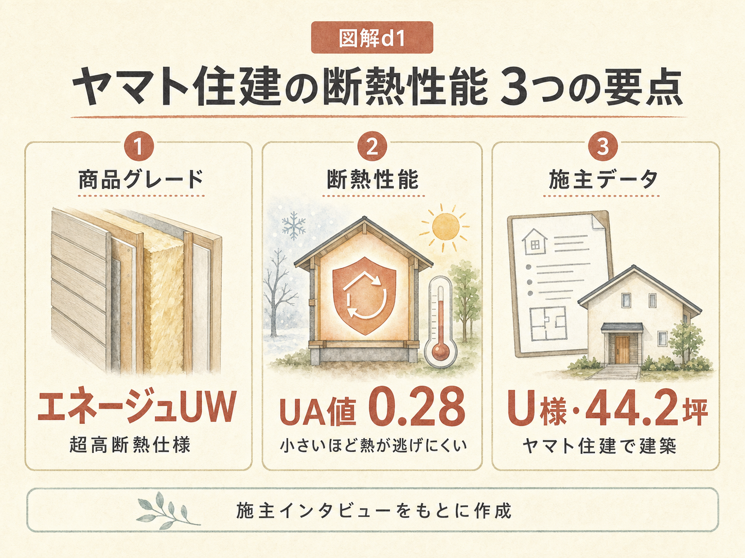 U様(ヤマト住建・44.2坪)の建築スペック（メーカー・商品・坪数・坪単価・総額・建築時期のカード表示）