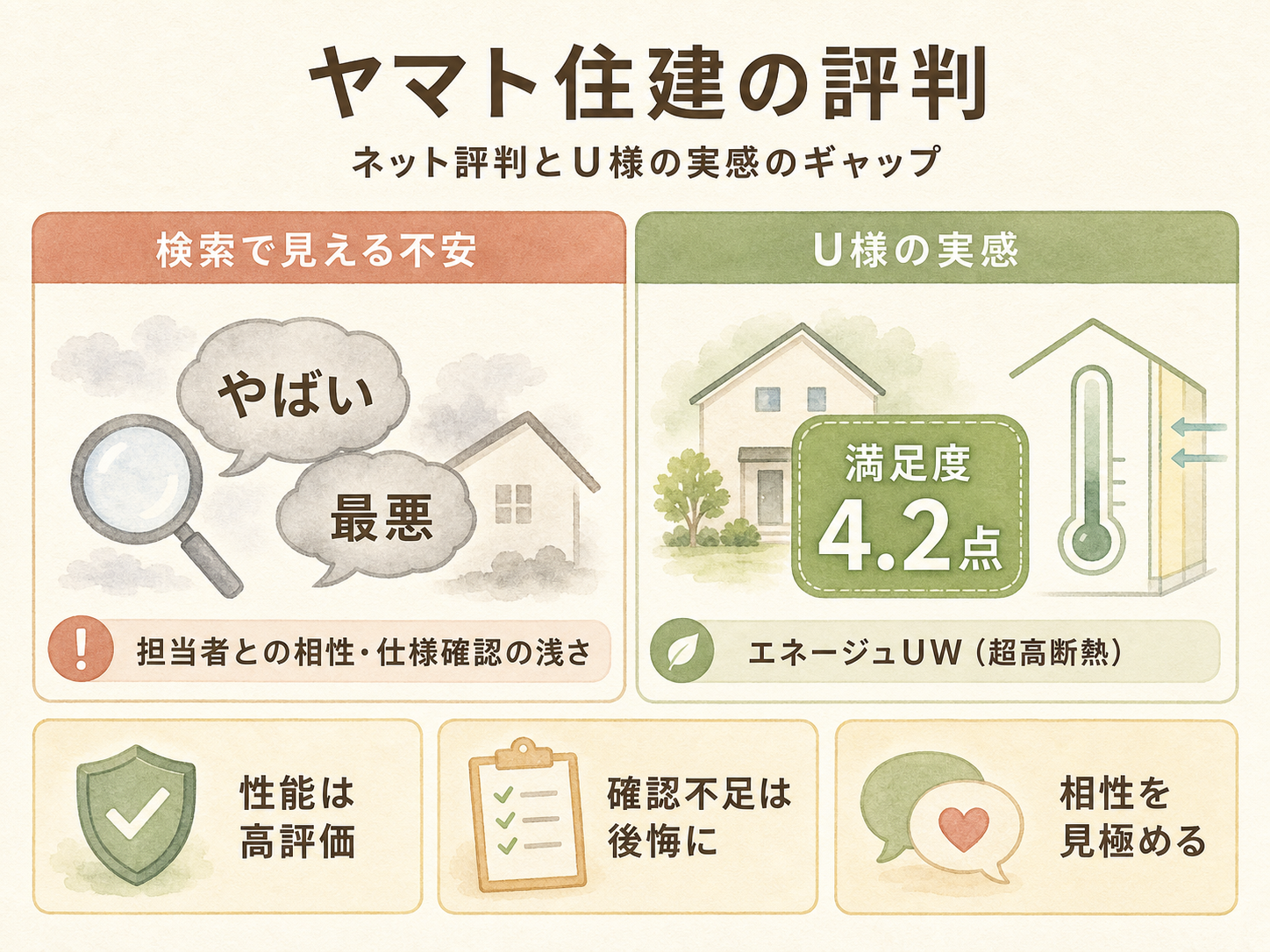 「ヤマト住建 やばい」ネット評判とU様の実感のギャップを比較した図解（満足度4.2点）
