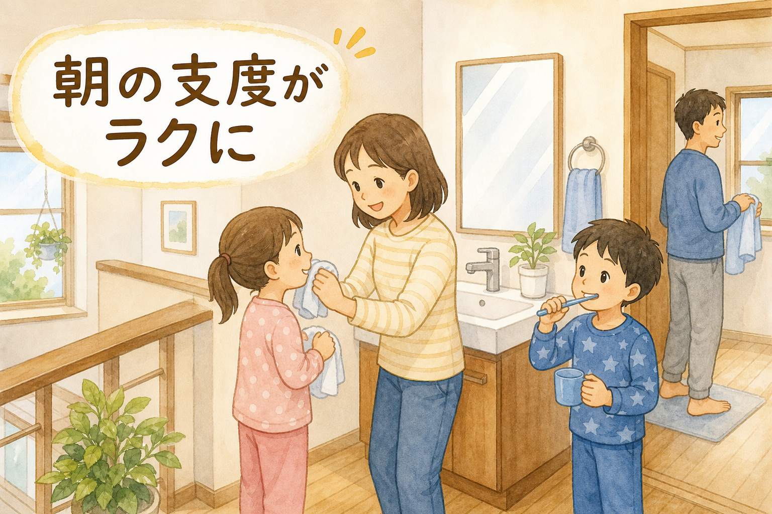 S様邸の朝：2階で歯磨きする子ども、朝の支度がラクに