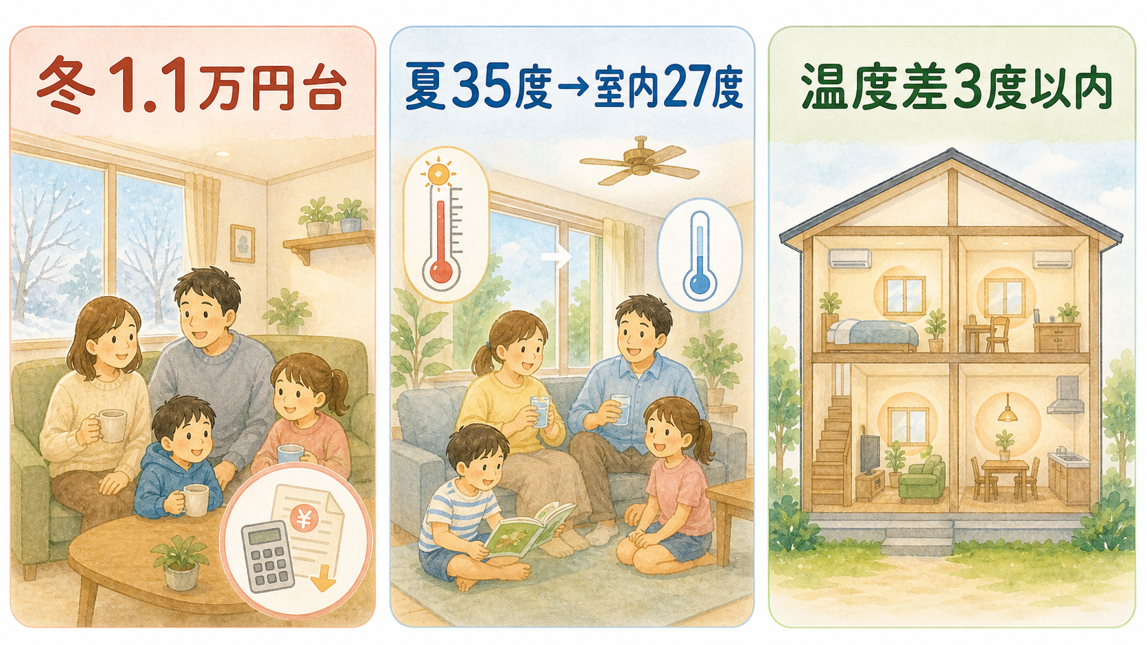 住んでみた体感（冬1.1万円台／夏35度→27度／温度差3度以内）3場面ゆる図解