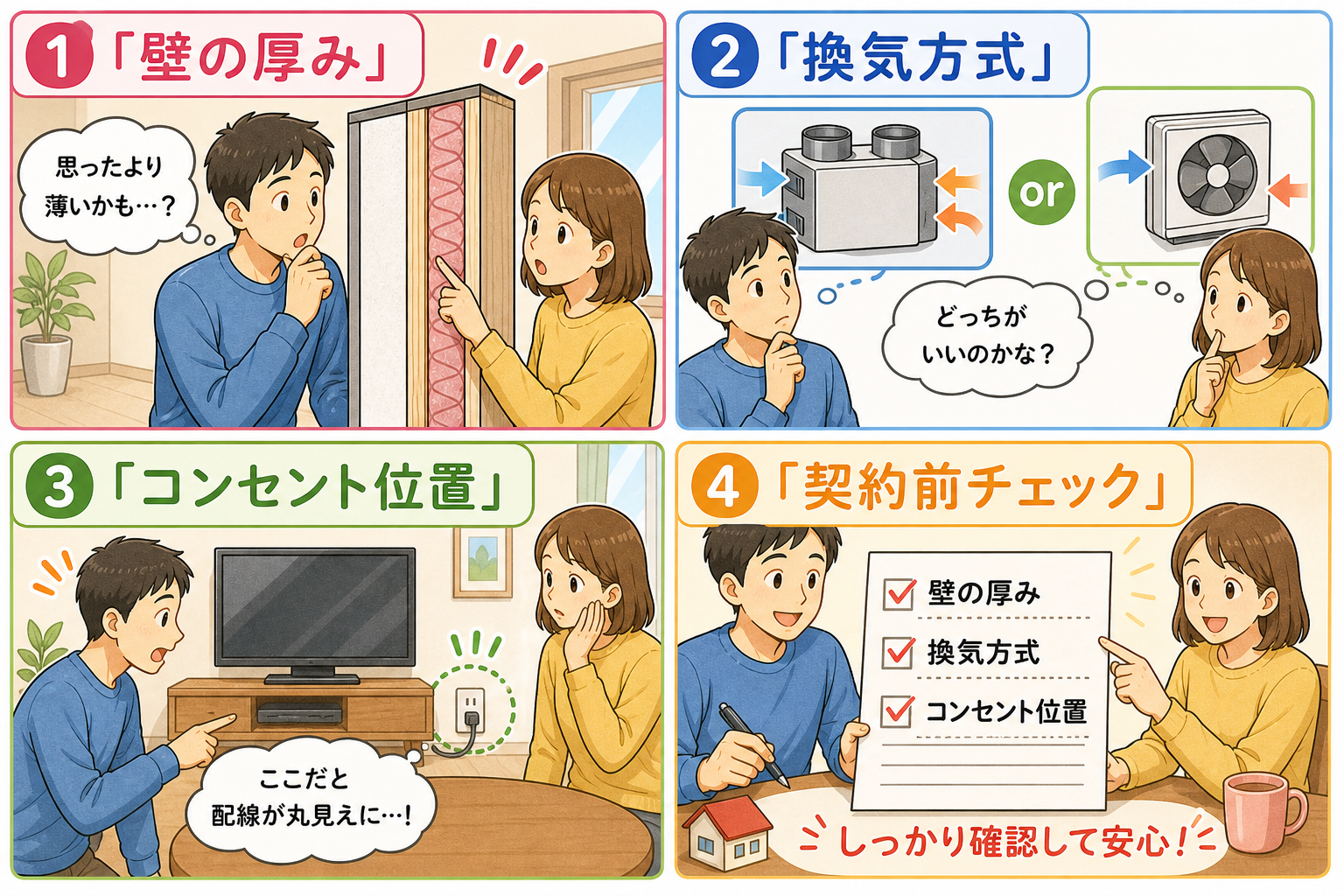 後悔TOP3（壁の厚み／第1種換気未採用30万差／コンセントの位置）3場面ゆる図解