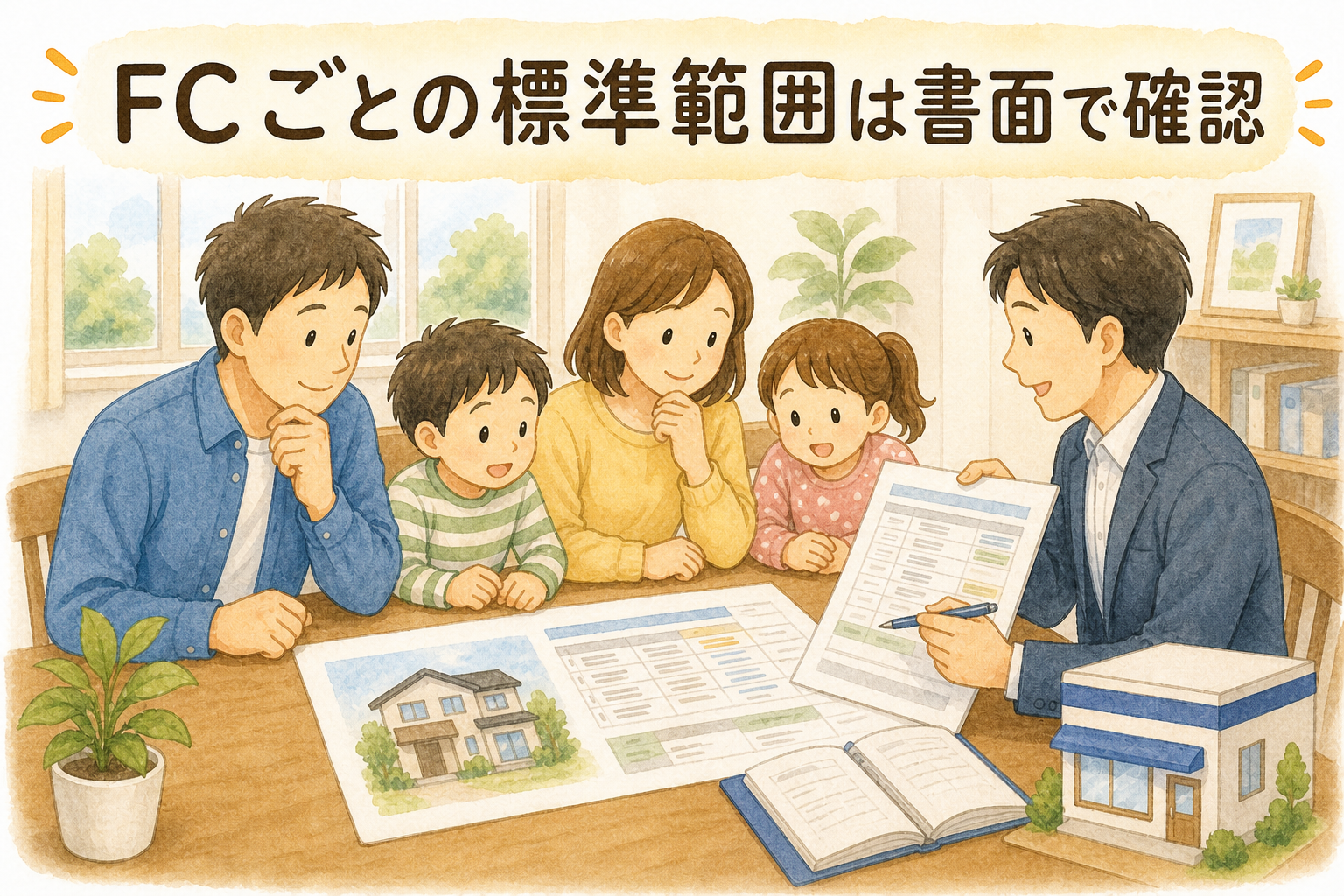 K様メッセージ「FCごとの標準範囲は書面で確認」ゆるイラスト