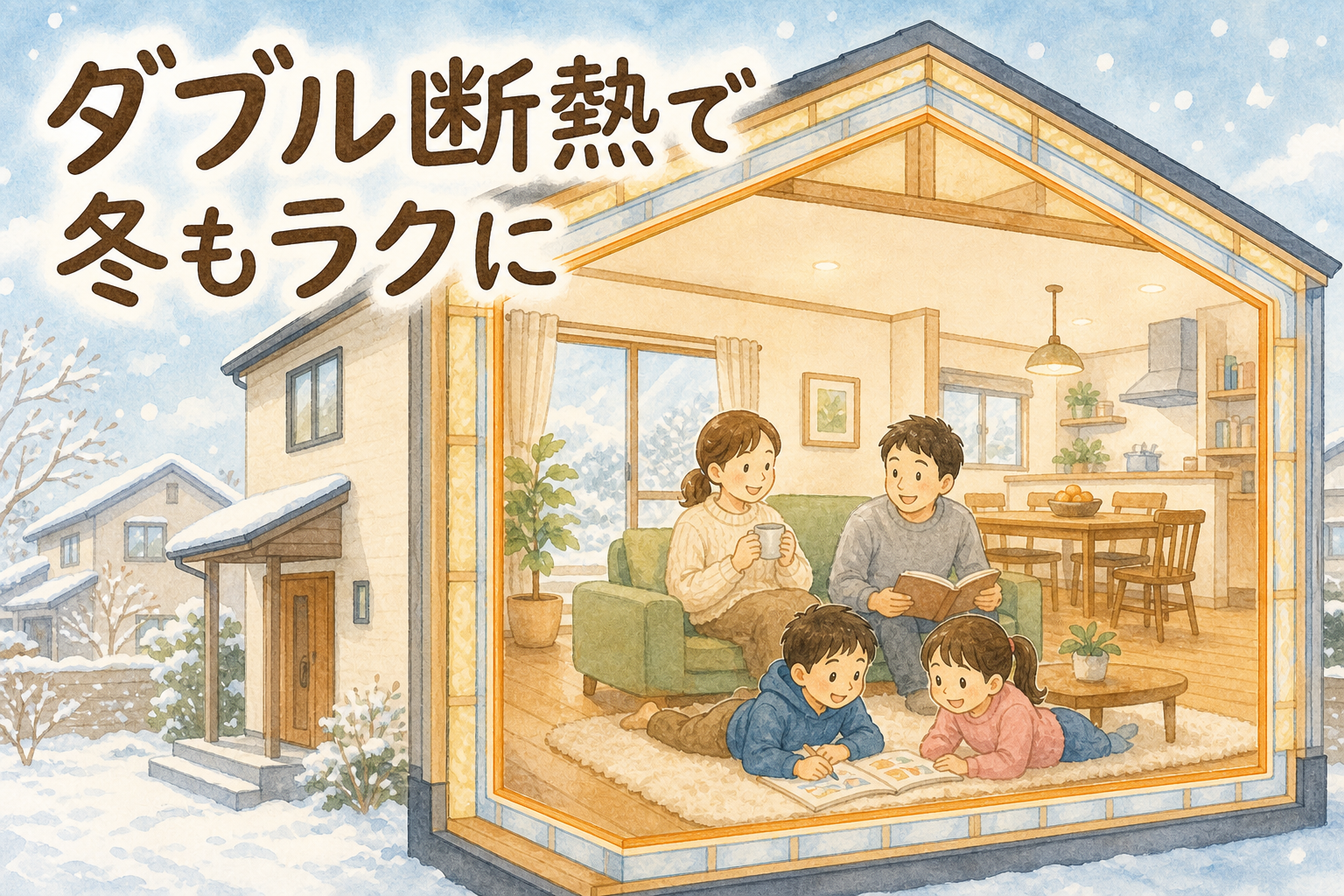 ダブル断熱で冬もラクな家の暮らし(水彩イラスト)