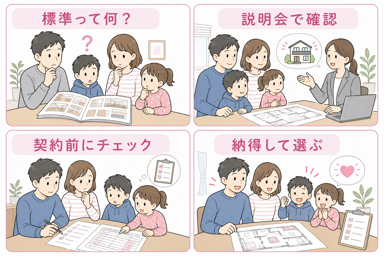 標準仕様の不安→説明会→契約直前確認→納得の4コマ
