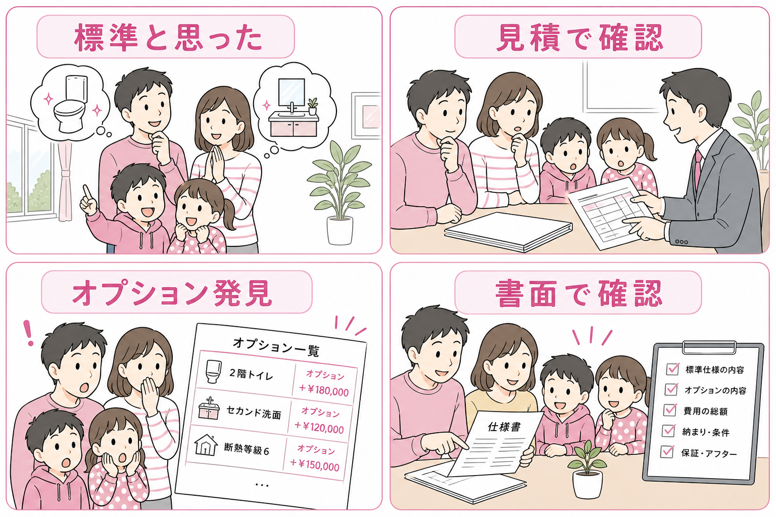 「標準です」と説明された装備が実はオプションだった失敗例の4コマ