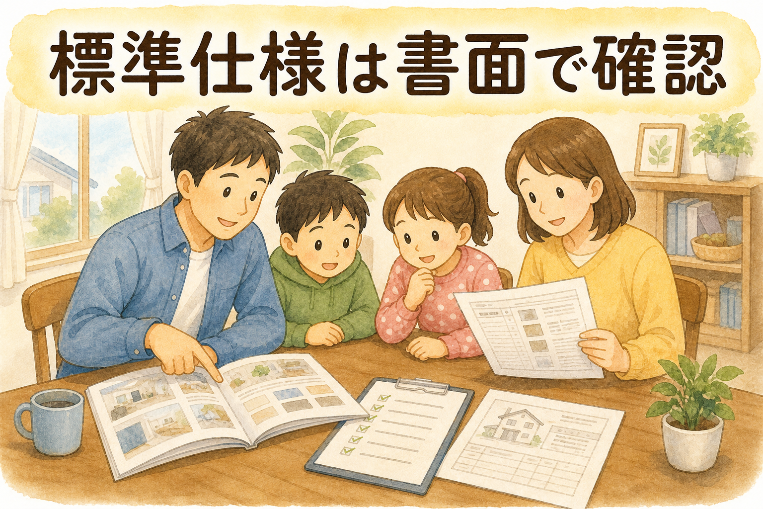 K様のメッセージ「標準仕様は書面で確認」ゆるイラスト